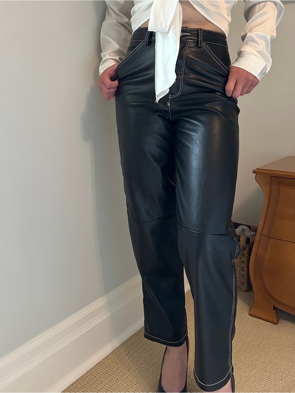 Woman’s Black Faux Leather Pants with Contrast Stitching